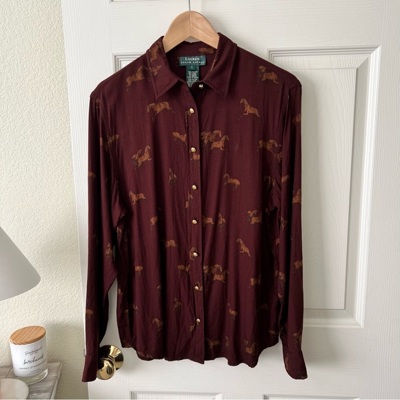Lauren Ralph Lauren Rust Brown Horse Print Button Up Shirt Women’s Size Large - Picture 1 of 9